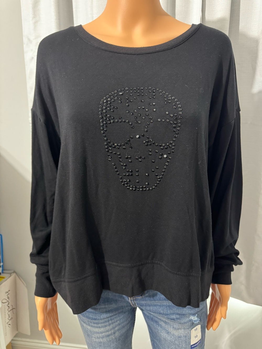 Cool Cynthia Rowley size L black beaded skull long sleeve pullover shirt